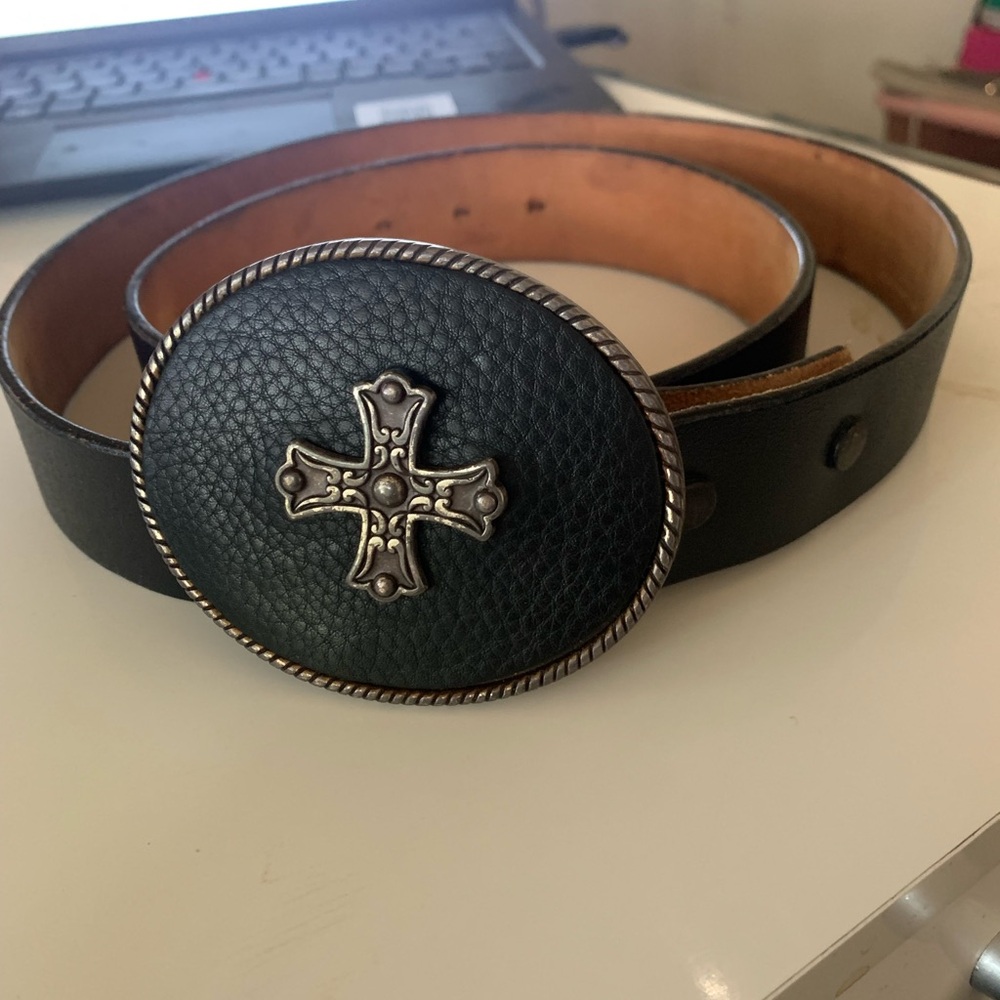 Black Leather Belt w Cross Buckle 43.5in